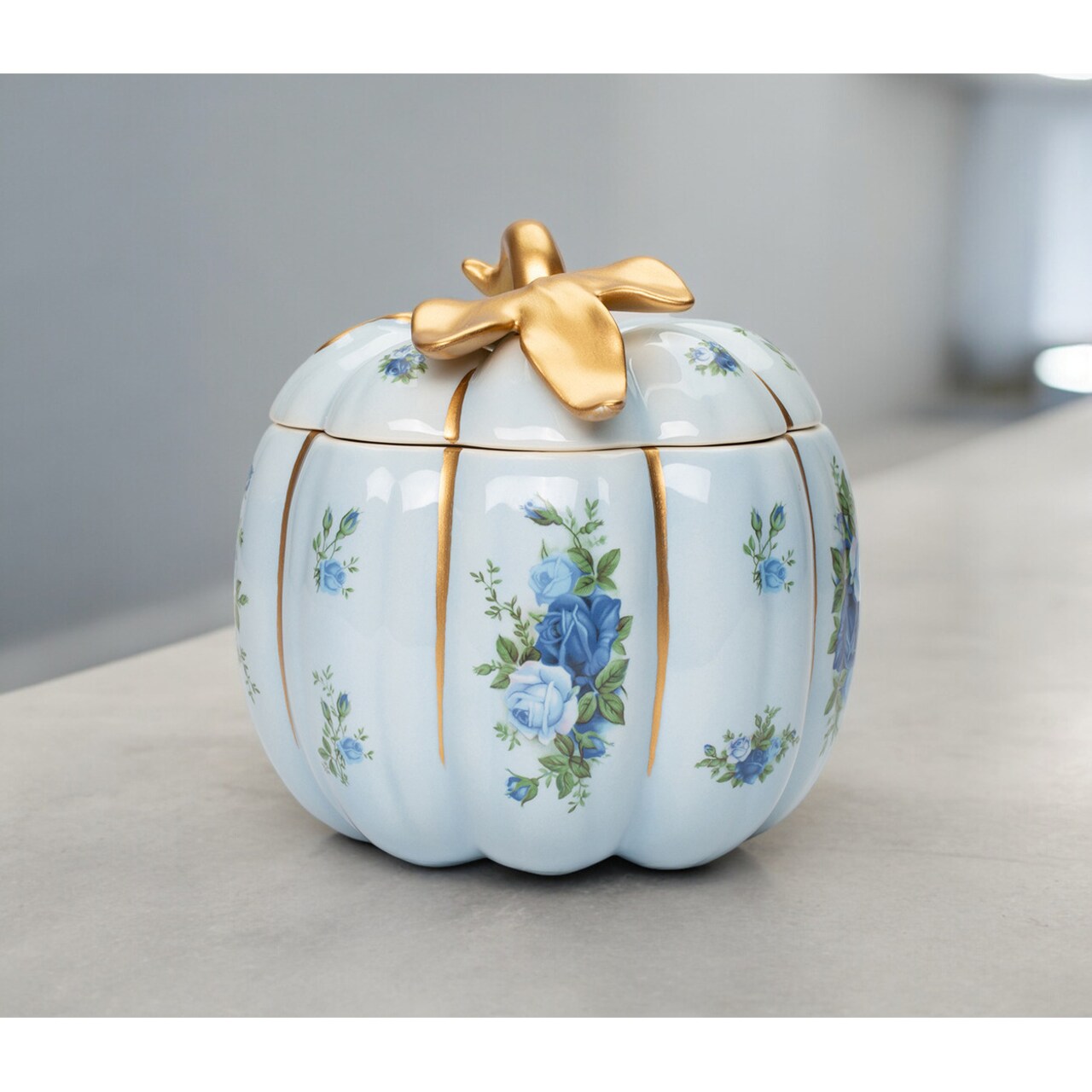 Ceramic Blue Pumpkin Candy Jar 6.25X6.5 Victorian Style With Blue Roses